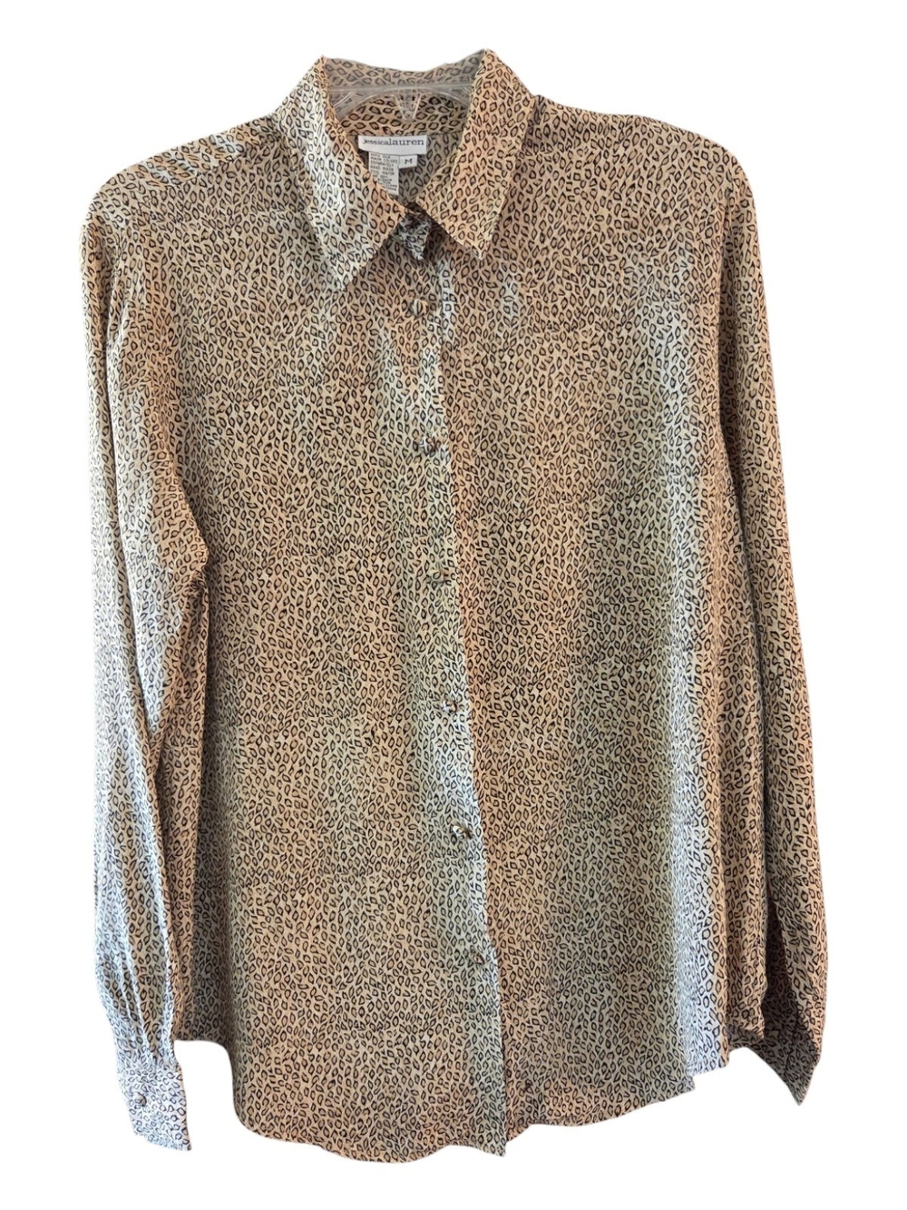 Jessica Lauren Vintage 100% Silk Leopard Animal Print Blouse Beige - Size M